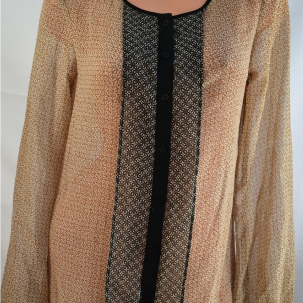 LOFT Tan and Black Bishop Sleeve Blouse